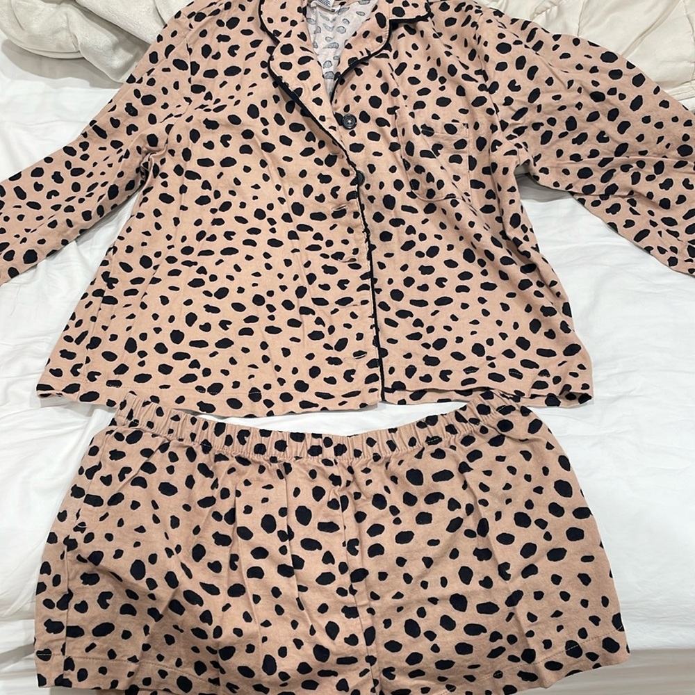 Polkadot, beige, and black PJ set